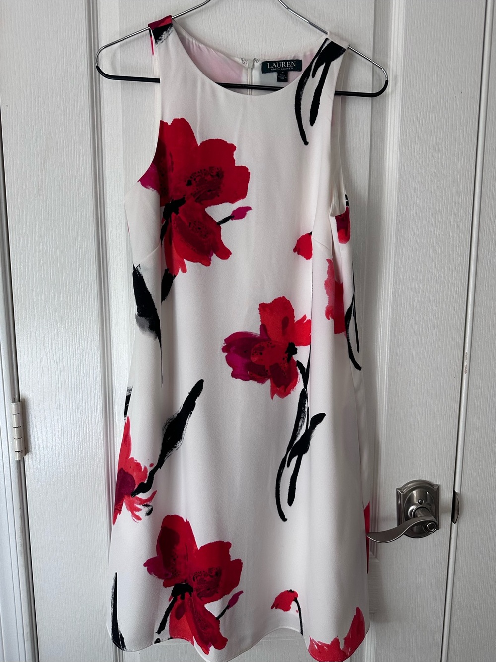 Lauren Ralph Lauren Womens V-Neck Midi Summer Dress with Red Black Floral Print